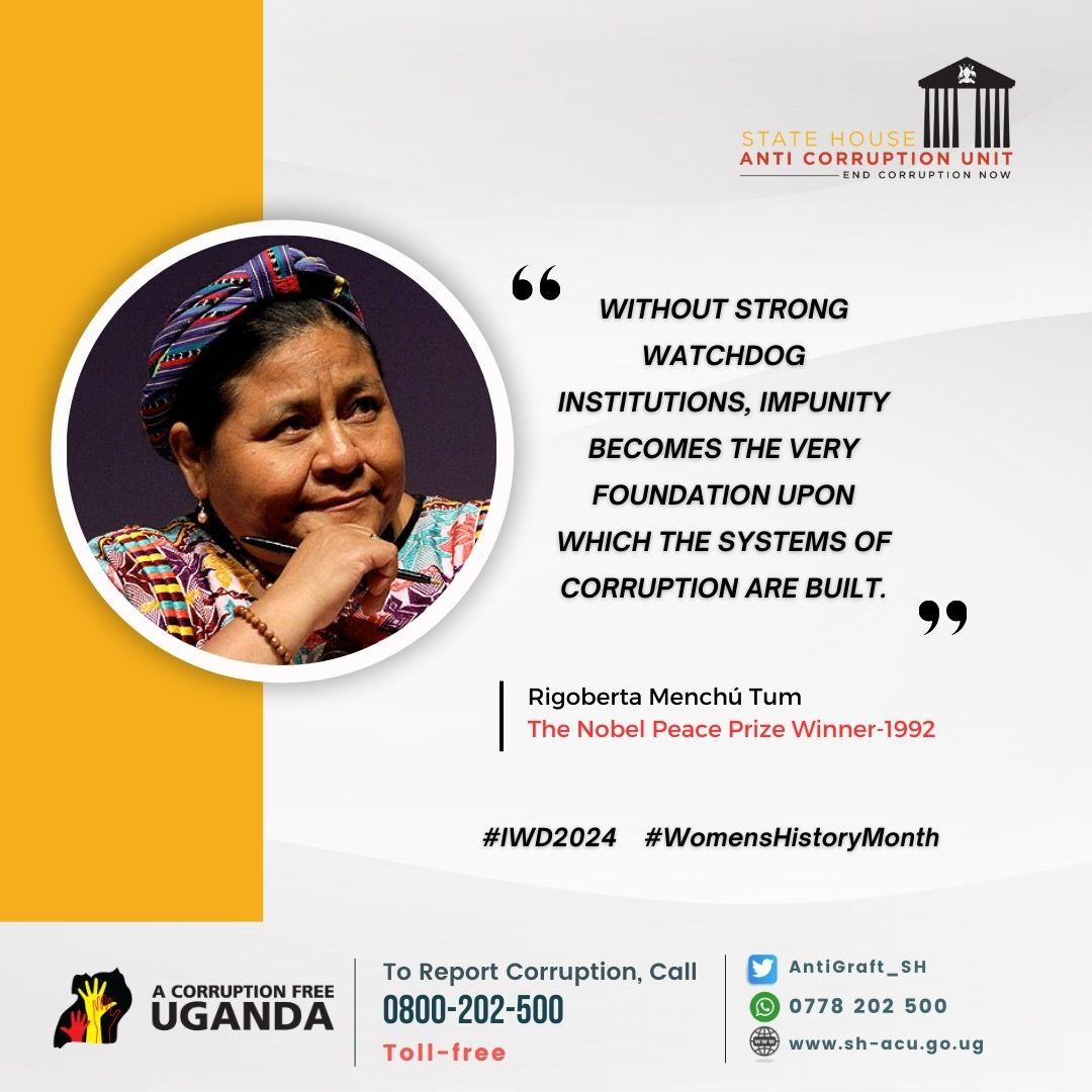DamalieNd53457's tweet image. Without strong watchdog institutions, impunity becomes the foundation on which systems of corruption are built. – Rigoberta Menchú Tum, Nobel Peace Prize winner 1992 #IWD2024 #WomensHistoryMonth #EndCorruptionNow  Report graft: 0800-202-500 or 0778 202 500 #GoldenPosts
