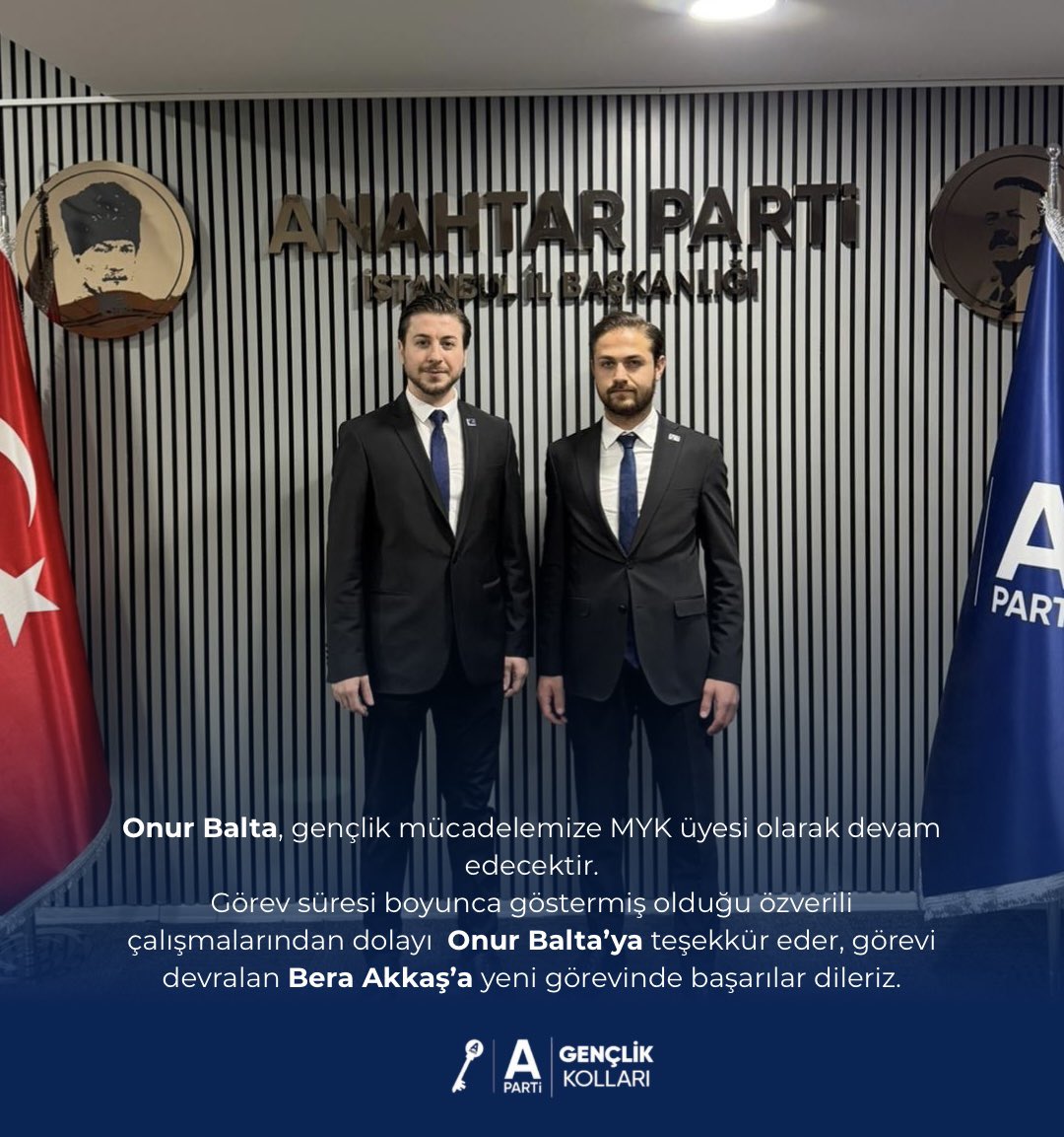 anahtargenclik's tweet photo. Anahtar Parti İstanbul İl Gençlik Kolları Başkanlığı görevinde devir teslim gerçekleştirilmiştir.

Bu kapsamda, görevi bugüne kadar başarıyla yürüten Onur Balta, görevini Bera Akkaş’a devretmiştir. 

Onur Balta, gençlik mücadelemize MYK üyesi olarak devam edecektir.

Görev süresi boyunca göstermiş olduğu özverili çalışmalarından dolayı Onur Balta’ya teşekkür eder, görevi devralan Bera Akkaş’a yeni görevinde başarılar dileriz.