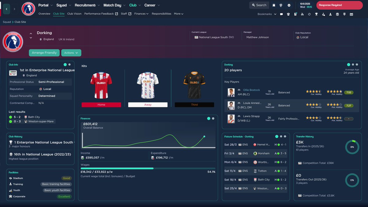 mattjohnson333's tweet image. I'll say it quietly but im enjoying my #fm26 save. Yes its lacking some of the immersion #fm24 had and still full of little bugs but i've managed to finish a season. Walked the Conference South with Dorking getting 125pts with +99GD and 1 defeat. However....