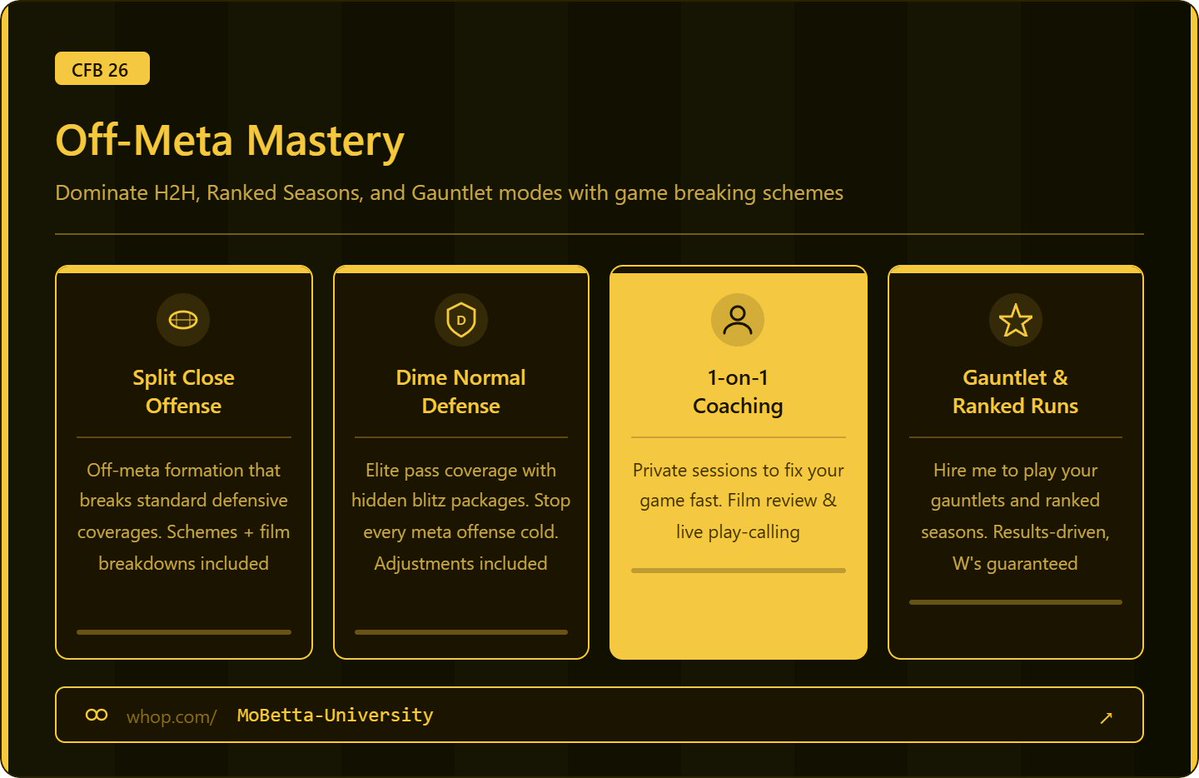 The long awaited Split Close Ebook is LIVE on WHOP! Dime Normal Defense coming soon! 

We will have weekly updates the rest of CFB 26 and day one OFF META schemes when CFB 27 drops! 

whop.com/mobetta-univer…