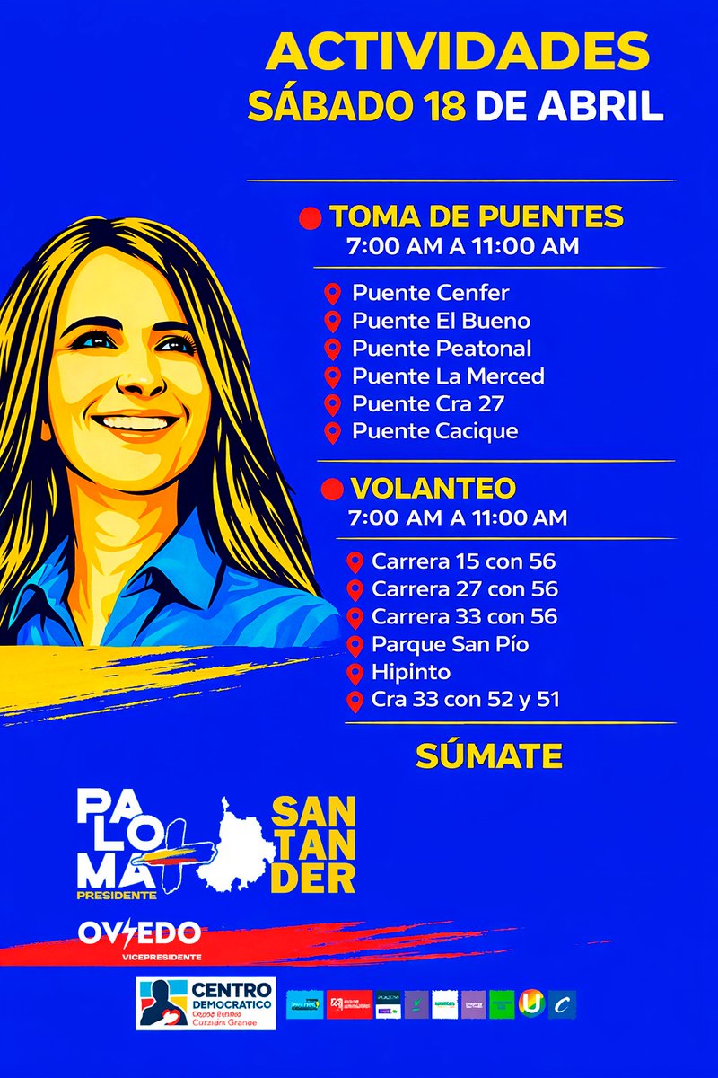 ¡Este sábado Bucaramanga y el área metropolitana se activan por la PRIMERA MUJER PRESIDENTE 🕊️!

No somos de discursos desde el escritorio, somos de convicción y calle. Súmate en cualquiera de nuestros 12 puntos de acción 👊🏻🇨🇴

¡RT masivo por Santander! 🔥

#PalomaPresidente