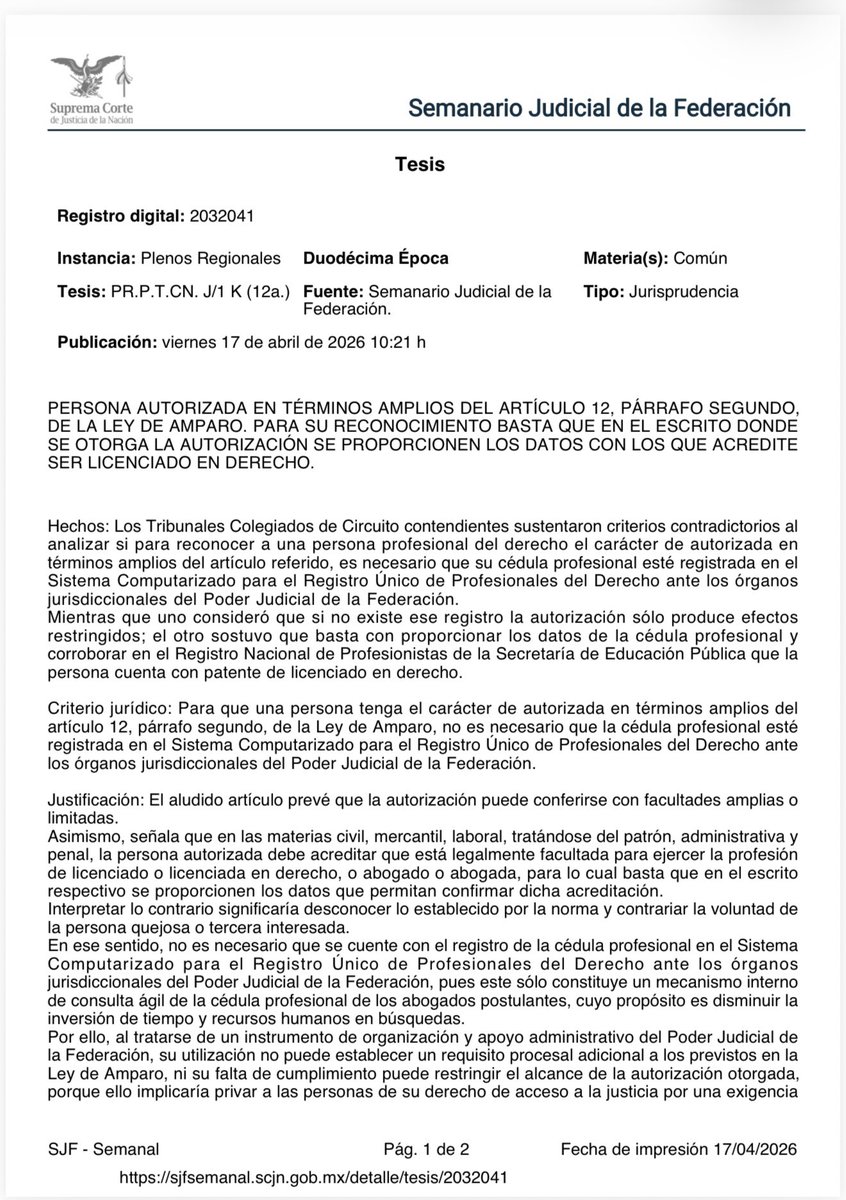 rsperrilliat's tweet photo. PERSONA AUTORIZADA EN TÉRMINOS AMPLIOS DEL ARTÍCULO 12, PÁRRAFO SEGUNDO, DE LA LEY DE AMPARO. PARA SU RECONOCIMIENTO BASTA QUE EN EL ESCRITO DONDE SE OTORGA LA AUTORIZACIÓN SE PROPORCIONEN LOS DATOS CON LOS QUE ACREDITE SER LICENCIADO EN DERECHO. https://t.co/KPaCMawzhb