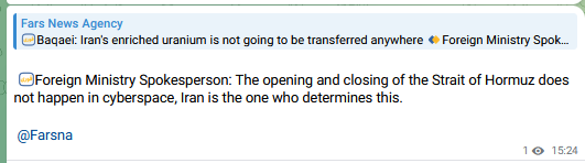 lookner's tweet photo. Iranian foreign ministry spokesperson: "The opening and closing of the Strait of Hormuz does not happen in cyberspace, Iran is the one who determines this."

(from Iranian state media Fars) https://t.co/Lzb9wwkYkx