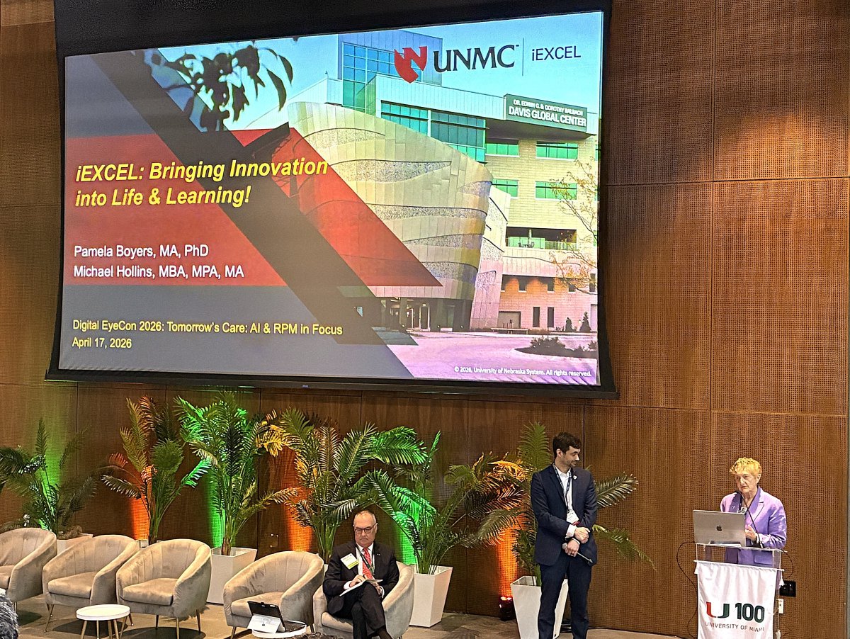 UNMC_iEXCEL's tweet photo. Michael Hollins and Dr. Pamela Boyers are representing iEXCEL at Digital EyeCon 2026, speaking on the future of healthcare innovation. The conference focuses on AI, virtual healthcare, and remote monitoring in patient care! https://t.co/HYYio45mPo