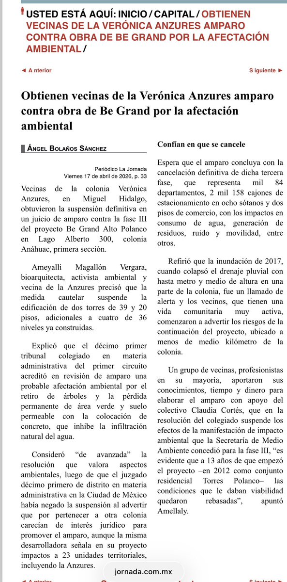 <a href="/LagoAlbertoMH/">#LagoAlberto 🚴🏻‍♂️🌳</a> <a href="/ParquesPolanco8/">#ParquesPolanco 🌳</a> <a href="/soytabacalera/">VECINOS DE LA COLONIA TABACALERA</a> <a href="/CuadranteME/">CuadranteMarianoEscobedo🌳🚴‍♀️🚶🏻‍♂️</a> <a href="/Veronic_Anzures/">11300 Observatorio Vecinal Verónica Anzures Cuadte</a> <a href="/SEDEMA_CDMX/">Secretaría del Medio Ambiente</a> <a href="/AlcaldiaMHmx/">Alcaldía Miguel Hidalgo</a> <a href="/Seg_NapolesDF/">Seguridad NapolesDF</a> <a href="/pilfernandez/">vecinos unidos lomas</a> <a href="/VillaDeCortesBJ/">Villa de Cortés 🌳🌲🌴🍃💧🚴🍉</a> <a href="/ivillasenor/">Ignacio Gómez Villaseñor</a> <a href="/soycuauhtemoc/">SoyCuauhtémoc</a> <a href="/PueblodeXoco/">Pueblo de Xoco</a> <a href="/JLMatabuena/">José Luis Matabuena</a> <a href="/RomaNorte3/">Roma Norte</a> <a href="/VOZ_DELACIUDAD/">LA VOZ DE LA CIUDAD</a> <a href="/quarent57902119/">quarentine</a> <a href="/AdriDelgadoRuiz/">Adriana Delgado Ruiz</a> <a href="/antigentricdmx/">Frente Anti-Gentrificación CDMX</a> <a href="/smallbastard/">Abrahammx</a> <a href="/FUERZASARMADAS/">Fuerzas Armadas</a> <a href="/Claudia20015200/">Claudia Corona</a> <a href="/ChimalistacC/">Chimalistac C</a> <a href="/BuenVecinoMH/">Miguel Buenvecino Hidalgo</a> <a href="/sonntag1963/">DOMINGO AVILA</a> <a href="/p1chagoya/">Umbral Polanco 🌳</a> <a href="/PORLASAGUILAS/">LAS AGUILAS ®️</a> <a href="/CNocheBuenaBJ/">Colonia Noche Buena</a> <a href="/hengracia/">Cuchillito de palo</a> <a href="/alikael18/">La verdadera CDMX</a> <a href="/ClaraBrugadaM/">Clara Brugada Molina</a> <a href="/GobCDMX/">Gobierno de la Ciudad de México</a> 
<a href="/mauriciotabe/">Mauricio Tabe Echartea</a> <a href="/AlcaldiaMHmx/">Alcaldía Miguel Hidalgo</a>
<a href="/SEDEMA_CDMX/">Secretaría del Medio Ambiente</a>

¡Ya basta! ¡Dejen de mirar en favor de los empresarios y empiecen a mirar por los ciudadanos!

Vecinas de <a href="/Veronic_Anzures/">11300 Observatorio Vecinal Verónica Anzures Cuadte</a> obtienen amparo contra obra de #BeGrandPolanco por afectación ambiental

📣¡Háganlo valer!