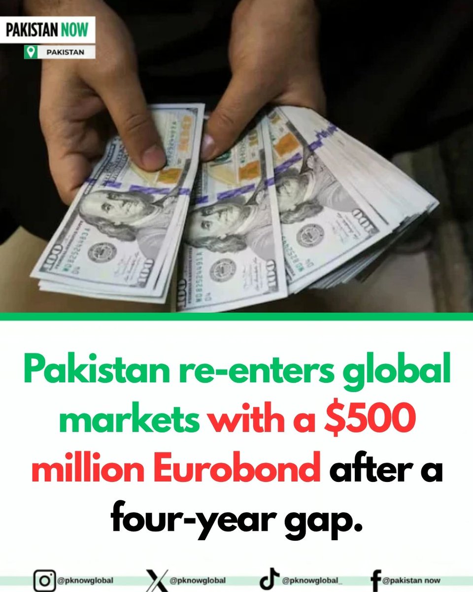 pakistannownews's tweet image. Advisor to the Finance Minister Khurram Shehzad said on Friday that Pakistan has successfully re-entered international capital markets after four years, raising $500 million through a Eurobond issued under its Global Medium-Term Note (GMTN) programme.

#Pakistan #Economy #global