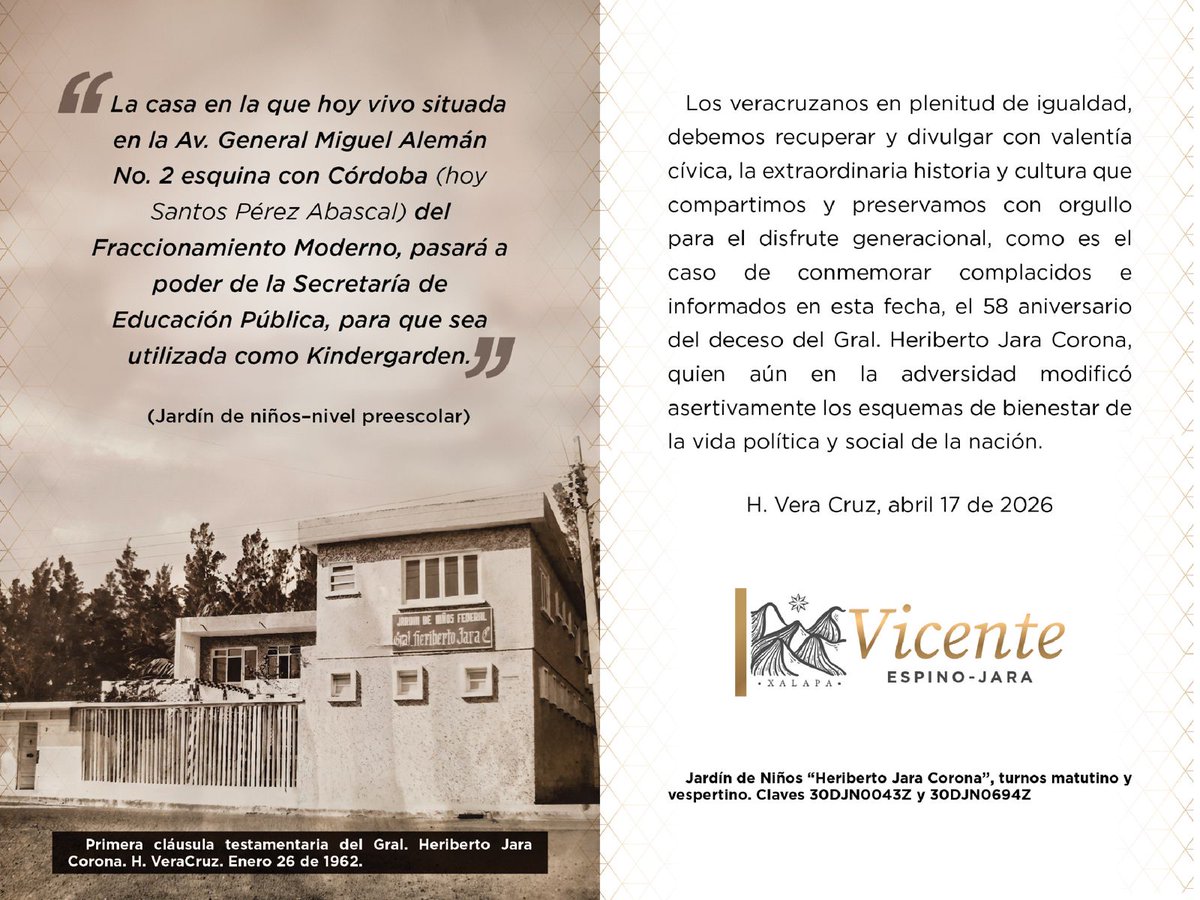 CruceXalapa's tweet photo. Un legado que sí se cumple.
El Gral. Heriberto Jara Corona dejó en su testamento su casa para convertirla en jardín de niños.
Educación como convicción, no discurso.
A 58 años, su ejemplo sigue vigente.
#Xalapa #Veracruz #Historia #Educación https://t.co/Af2glhfaZf