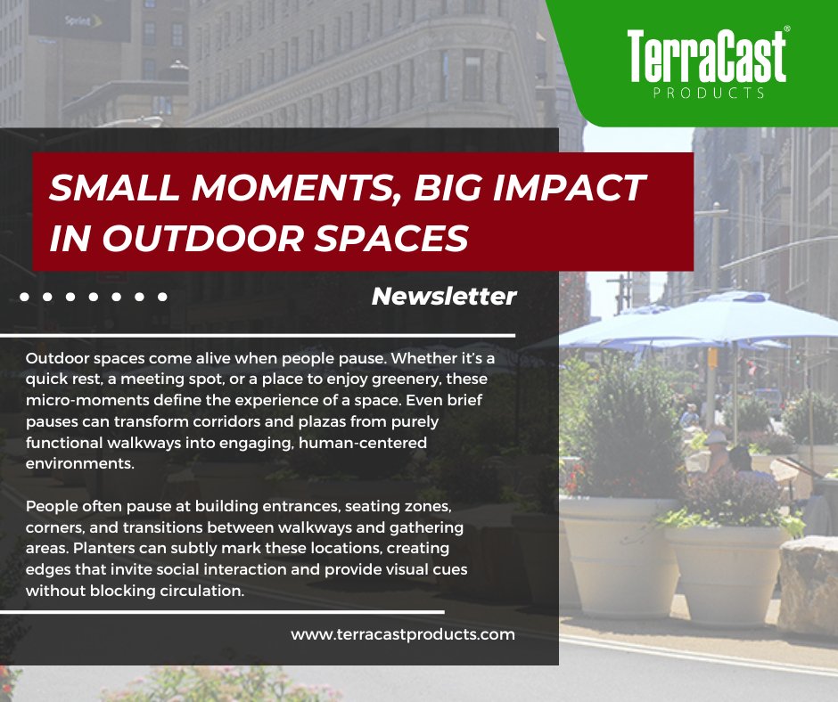 TerracastPro's tweet image. Discover how creating pause points in outdoor spaces can enhance engagement and comfort. Strategically placing durable planters can define intuitive stopping points that invite social interaction and maintain pedestrian flow: conta.cc/47TURCe
#UrbanDesign #Landscaping