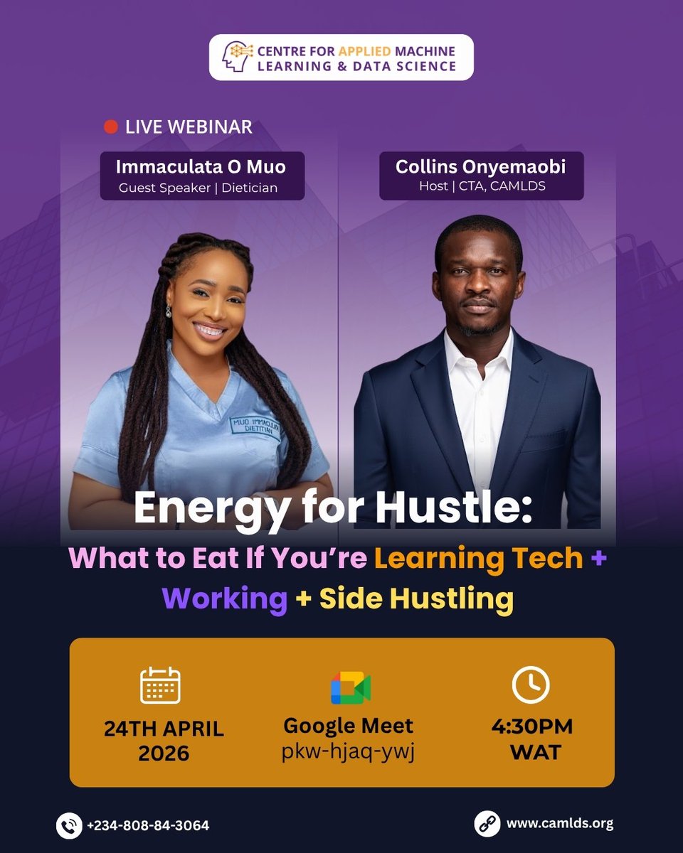 CAMLDS_'s tweet photo. 🚨 LIVE WEBINAR ALERT! 🚨

Trying to balance learning tech, working, and running a side hustle… but always feeling tired or unfocused?

It might not just be stress. Your nutrition plays a big role.

Join us for this powerful live webinar session titled:

Energy for Hustle: What to Eat If You're Learning Tech + Working + Side Hustling

📅 Date: Friday, 24th April 2026
⏰ Time: 4:30 PM (WAT)
📍 Venue: Google Meet

*Host:* Collins Onyemaobi, CTA at CAMLDS, is passionate about guiding aspiring tech professionals and helping learners grow through practical insights, mentorship, and career support.

*🎙️Guest Speaker:* Immaculata O. Muo, a professional dietician passionate about helping individuals stay healthy, energized, and productive, even with busy schedules. She'll be sharing practical nutrition tips to help you maintain focus and energy while chasing your goals.

In This Session, You'll Learn How To:
- Stay energized throughout the day
- ⁠Improve focus while learning tech
- ⁠Eat right even with a busy schedule

If you’re serious about your growth, you don’t want to miss this.

Save the date, invite a friend, and join us live!

🔗 *Registration Link:* https://t.co/ji3H4Mg1d2