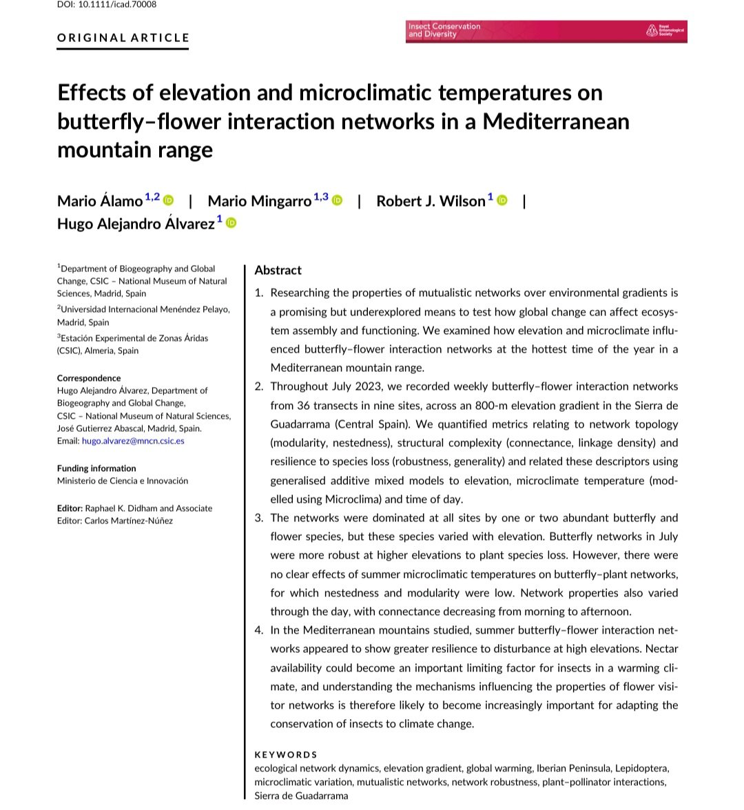 Hugo_AlvarezPhD's tweet photo. 🚨📄 Paper alert: 
https://t.co/M98eu6apPk
We have found that elevation—not just temperature—reshapes butterfly interaction networks in Mediterranean mountains.

Across an ~1000m gradient, network structure, robustness, and species roles shift in surprising ways 🧵 👇 https://t.co/buHJTowtwo