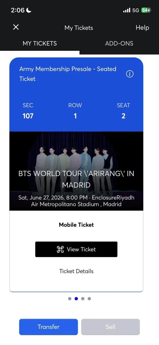 TicketsFam's tweet photo. (WTS💙) Vendo 4 entradas para BTS en Madrid el 27 de junio. Son asientos en la Sección 107, Fila 1. Solo pido el precio original, ya que conseguimos entradas para otra ubicación. Precio: 160€ cada una. Puedo transferirlas de inmediato. Son asientos con vista perfecta—primero en https://t.co/qA0UxlVlyd