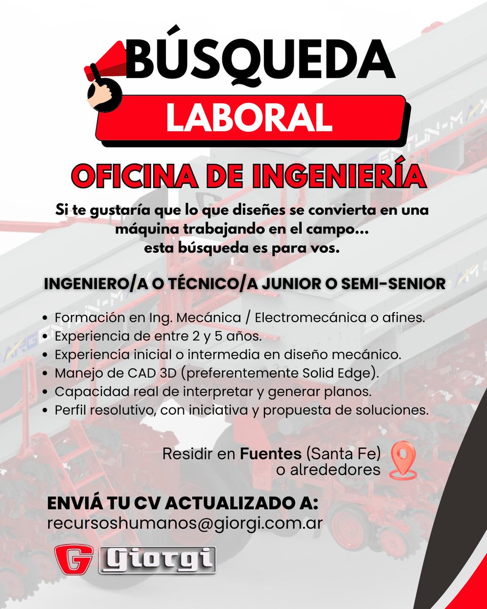 📢Buscamos un/a 𝗜𝗻𝗴𝗲𝗻𝗶𝗲𝗿𝗼/𝗮 𝗼 𝗧é𝗰𝗻𝗶𝗰𝗼/𝗮 (𝗝𝘂𝗻𝗶𝗼𝗿 / 𝗦𝗲𝗺𝗶-𝗦𝗲𝗻𝗶𝗼𝗿) para sumarse al equipo de 
Oficina Técnica.
👉No buscamos alguien que sólo modele…Buscamos alguien que piense, proponga y resuelva.
¡Postulate!📩recursoshumanos@giorgi.com.ar