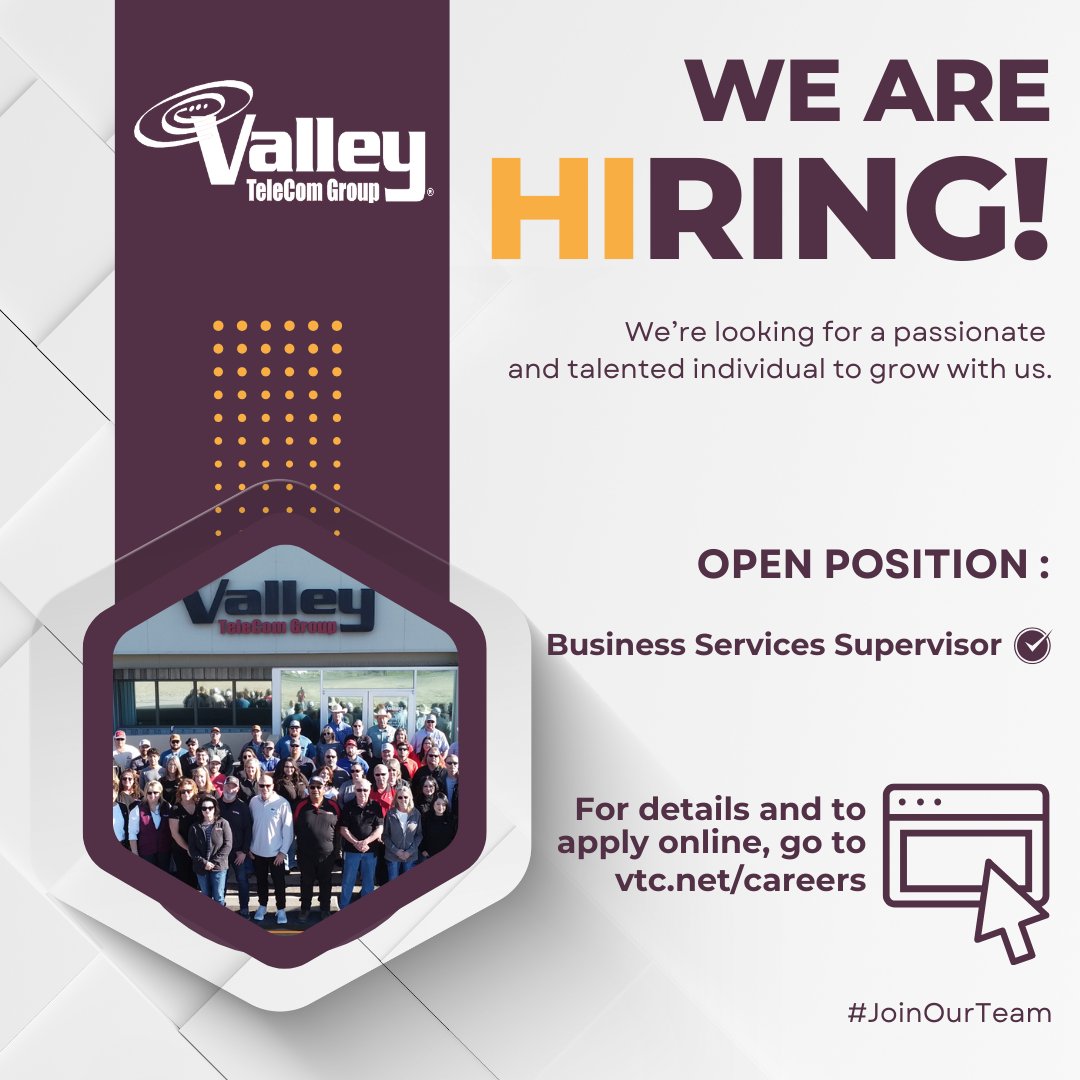 Valley_TeleCom's tweet image. We're looking for someone who thrives on organization, enjoys leading a team &amp;amp; takes pride in delivering top-notch customer service to our local businesses.

To learn more about the Business Services Supervisor position, click the link in our bio today.

#NowHiring #JoinOurTeam