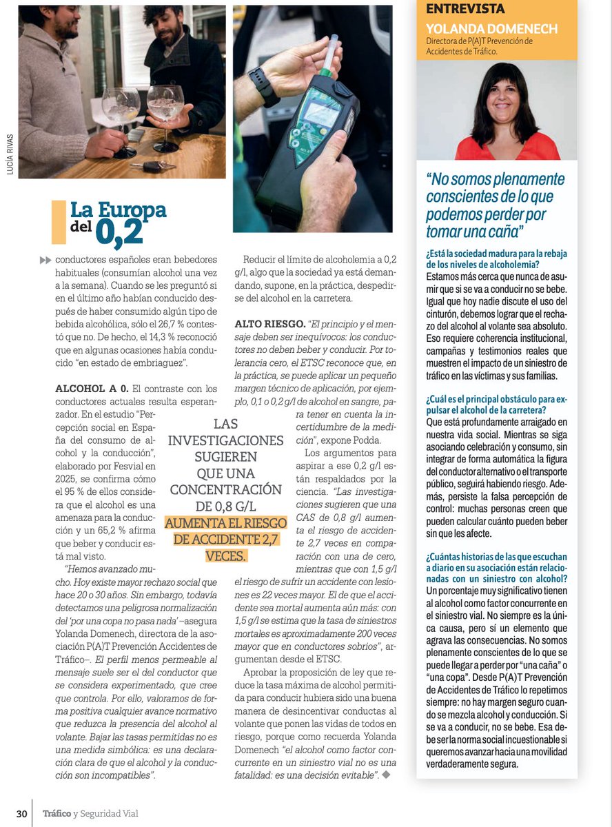 APAT_PAT's tweet photo. "No somos plenamente conscientes de lo que podemos perder por tomar una caña", explica Yolanda Domènech, nuestra Directora de P(A)T en la Revista de la Dirección General de Tráfico - España 

"No hay margen seguro cuando se mezcla alcohol y conducción. Si se conduce, no se bebe" https://t.co/u8BpVIdoZv