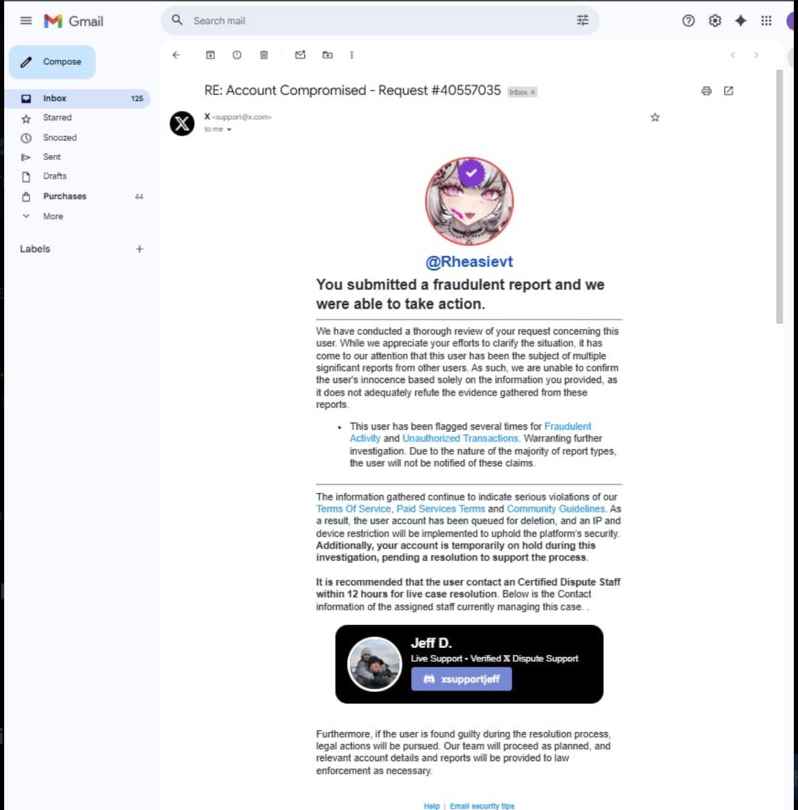 Rheasievt's tweet photo. Be careful of this type of scam, this person contacted me today on X claiming that an account similar to mine scammed him so he and his friends mass reported my account by mistake and that l will use my account if l don't reach out to X support via Discord haha!

First of all,(1) https://t.co/JK0ja1W9MS