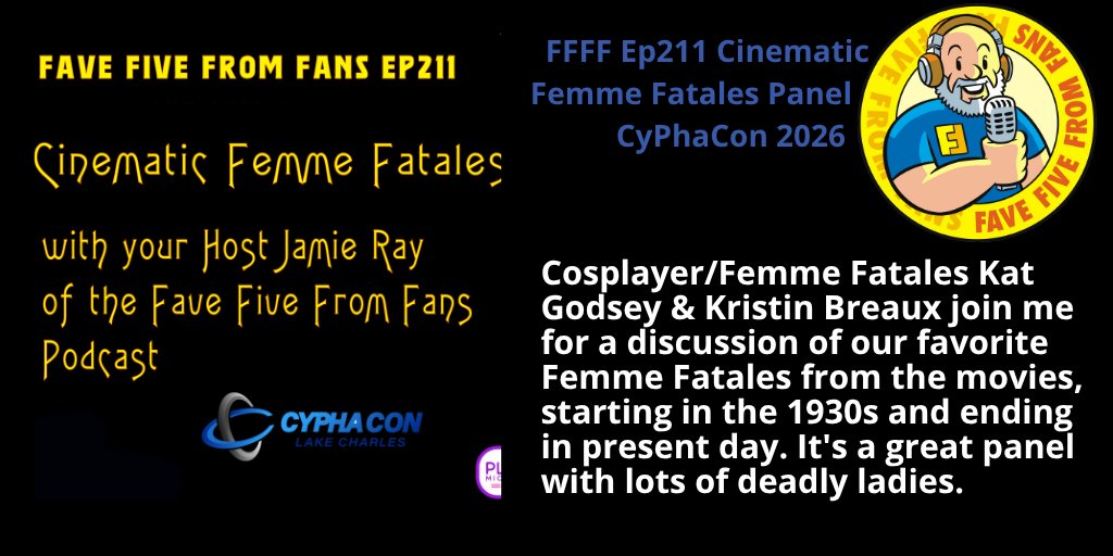 Pcast_ol's tweet image. Fave 5 From Fans @Fave5FromFans @tpc_ol @pcast_ol @ncore_ol

FFFF Ep211 Cinematic Femme Fatales Panel CyPhaCon 2026

Podcast about Favorites &amp;amp; why we love them. 

#podcast
#PodernFamily
#FFFFF

pod.link/1494494903
linktree linktr.ee/HulkBoy
web favefivefromfans.com