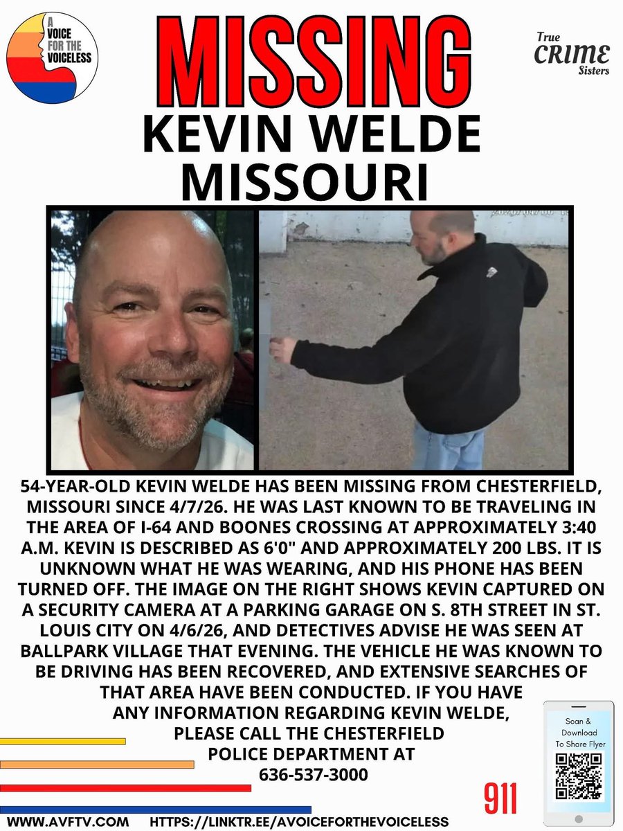 🚨 STILL MISSING 🚨 54-year-old Kevin Welde has been missing from Chesterfield, Missouri since 4/7/26. He was last known to be traveling in the area of I-64 and Boones Crossing at approximately 3:40 a.m. Kevin is described as 6'0" and approximately 200 lbs. It is unknown what he
