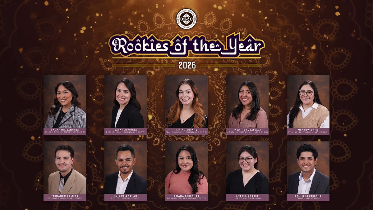 ClintISD's tweet photo. We’re excited to recognize our 2026–2027 Campus Rookies of the Year—14 outstanding first year teachers who have already made a powerful impact in their classrooms and school communities. Your passion and fresh perspective are inspiring!

Who will be named Clint ISD’s Rookie of the Year? Stay tuned for the announcement after our Teacher of the Year Ceremony next Friday, April 24!

#WeAreClintISD #ClintIsUnited4Excellence