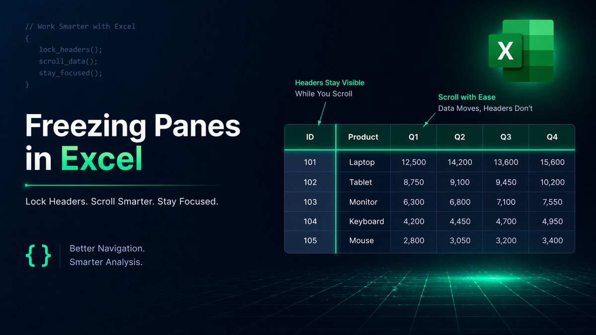 DataWithBalam's tweet photo. 🚀 Day 107 of my #ZeroToDataAnalyst journey
Today: Freezing Panes in Excel
Small features can improve big workflows.
Freezing panes made navigating large datasets easier and clearer.
Better visibility leads to better analysis.
#Excel #DataAnalytics #LearningInPublic https://t.co/eZV5c1ZPAC