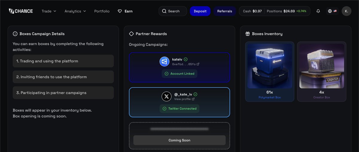 _kate_lv's tweet photo. these guys been on my radar for some time!

i'm sure you saw a lot of terminals but @Chance_ is one of them that i have been trying since joining prediction markets

copy trading is finally live on their platform , this is a great feature that boosts them for sure.. 

btw you can also sign and link your Polymarket / X accounts and receive some boxes 🤫
( also need to make some trades , but i'm sure you will enjoy doing that ) 

some ref codes to join:

> H79H7X
> UP5JZT
> CK4RDF