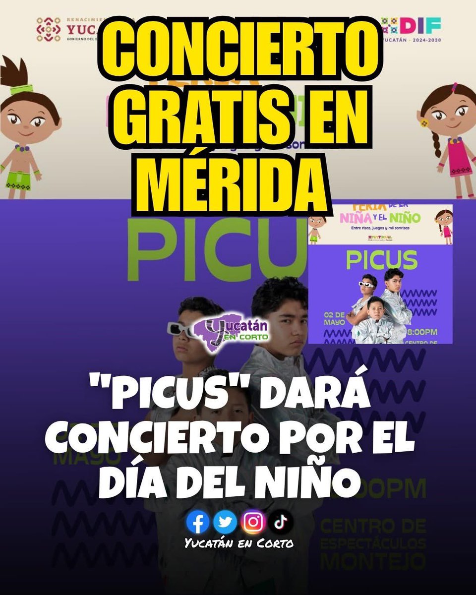 FlorCastilloYuc's tweet photo. 🎤🎉 ¡Concierto GRATIS de Picus en Mérida!

El grupo juvenil Picus llegará a la capital yucateca para ofrecer un concierto gratuito este 2 de mayo en el Centro de Espectáculos Montejo, dentro del recinto ferial de Xmatkuil a las 8:00 pm . https://t.co/3tpDjcJ9bC