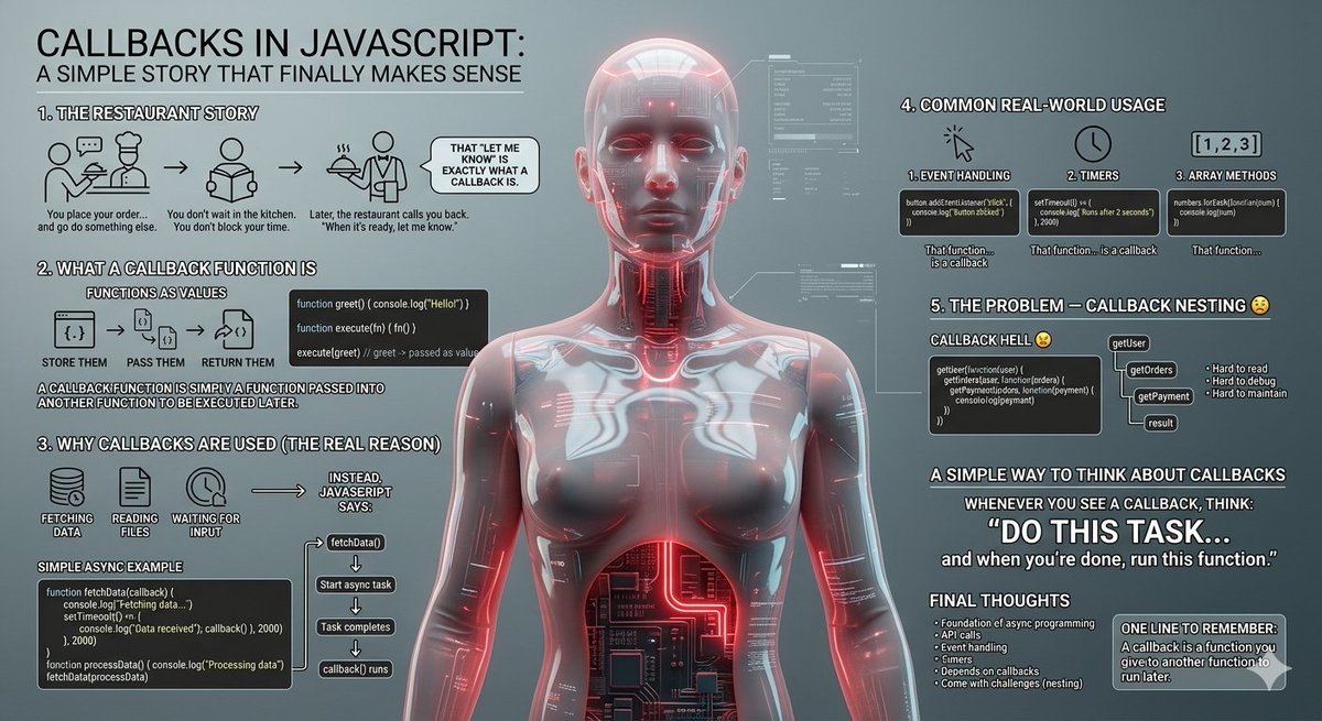 DebashisDa570's tweet image. Callbacks in JavaScript confused me at first.
Why pass a function into another function?
Then it clicked:
"Do this… and when you're done, run this."
That’s a callback.

Simple idea. Powerful concept.

Explained it here 👇
[…vascript-why-they-exists.hashnode.dev/callbacks-in-j…]

#javascript #webdev #ChaiCode