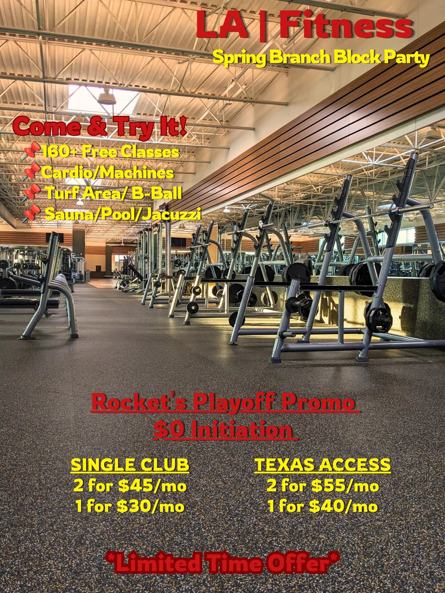 agenty0gi's tweet photo. H-Town Play-Off Promos! Open Gym to kick off the best time of the year! Month to month $35/mo all clubs in Texas, don't get caught slipping with Summertime comin' down💪🏼🏀🚨💯

Vouchers expire Sunday at 1159p! 🚀 #springbranch #htown #rockets #playoffs #houston #workout https://t.co/03o2ruaVTi