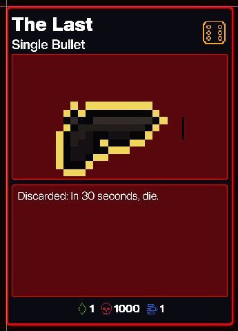 CrossCaosGames's tweet photo. 1000 damage. 1 bullet. If you miss, you're dead. Would you dare to equip 'The Last'? 🎯🃏 #GameDev #Deckbuilder #PixelArt https://t.co/PvRc9Dl6yK