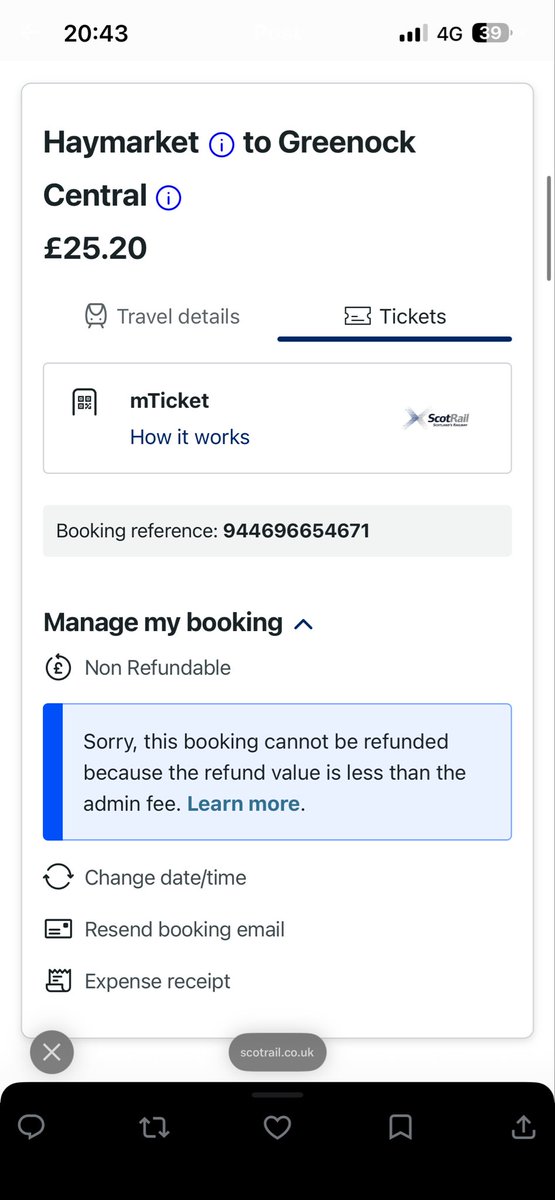 smitititit's tweet photo. @ScotRail Any help here? How much is the admin fee. I’ve paid £25 for half a trip that was cancelled whilst on the second train (to wemyss bay where I would have had to make additional travel arrangements) https://t.co/JaMLGL4Wz2