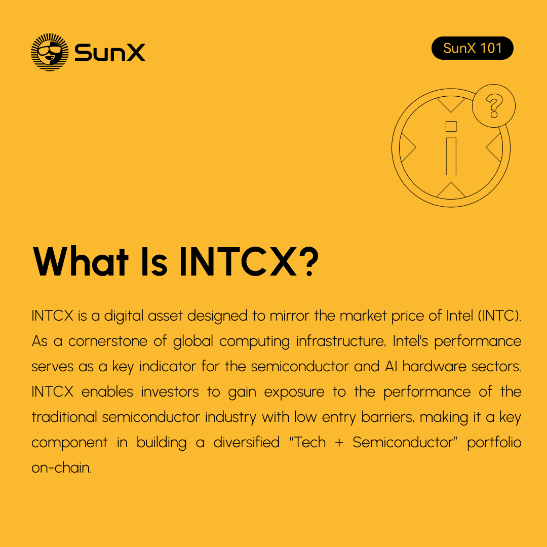 SunX_DEX's tweet image. SunX 101 Lesson 4⃣9⃣ | What Is INTCX?

Intel is a legacy giant in semiconductors and a core player in global computing infrastructure. Its stock price reflects the health of the chip cycle and the AI hardware race.

$INTCX is a tokenized asset that tracks #Intel stock 1:1