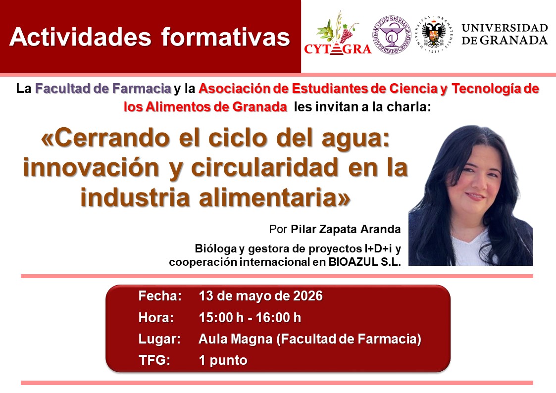 ffarmaciaUGR's tweet photo. La próxima semana, en la Facultad de Farmacia, tendremos la charla «Cerrando el ciclo del agua: innovación y circularidad en la industria alimentaria».

👤 Pilar Zapata Aranda
📅 13 de mayo | 🕒 15:00 h
📍 Aula Magna
🎓 TFG: 1 punto

@CYTAGRA #FFarmaciaUGR https://t.co/04HaDKCsRV