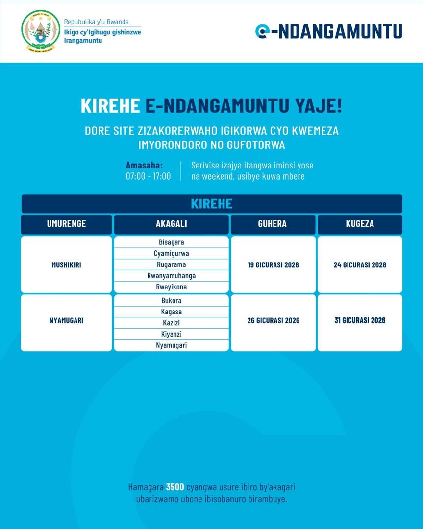 JustinMugish's tweet photo. Finally @KireheDistrict nitwe tugezweho gufotorwa #eNdangamuntu  , guhera Tariki 21 Mata 2026 mu mirenge yose.
Ntabe Ari jye ucikanwa !! https://t.co/YxQKotuhKg