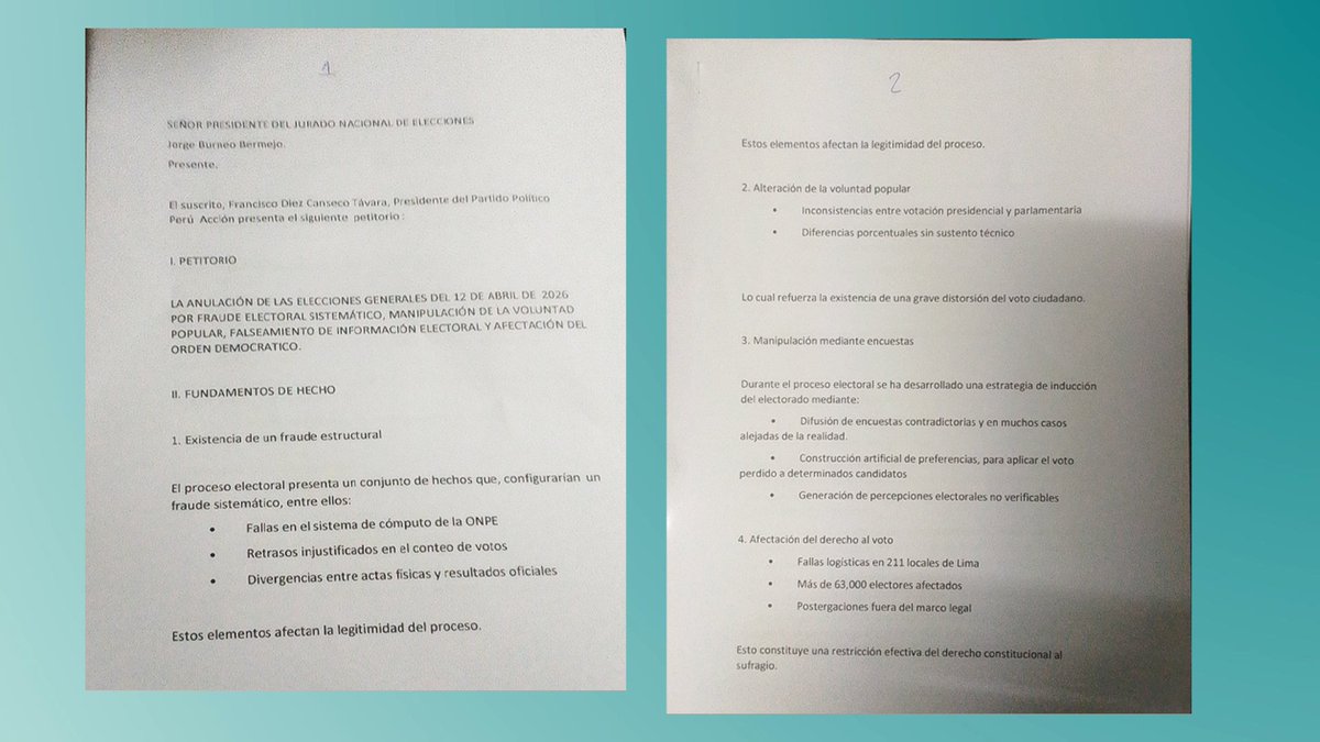 #LoÚltimo | El excandidato #FranciscoDiezCanseco de #PerúAcción presentó también ante el Jurado Nacional de Elecciones (#JNE) un pedido de nulidad total de las elecciones.
