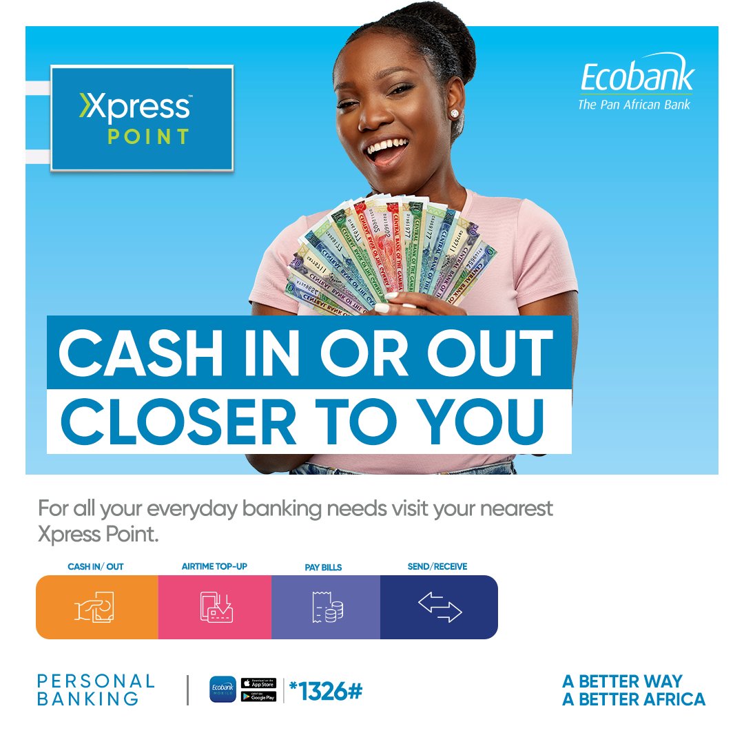 EcobankGambia's tweet image. Your time matters. That’s why Ecobank Xpress Point gives you quick access to cash withdrawals, transfers, and bill payments—right in your neighborhood. No queues, no travels, no stress

#Ecobank
#XpressPoint
#ABetterWay