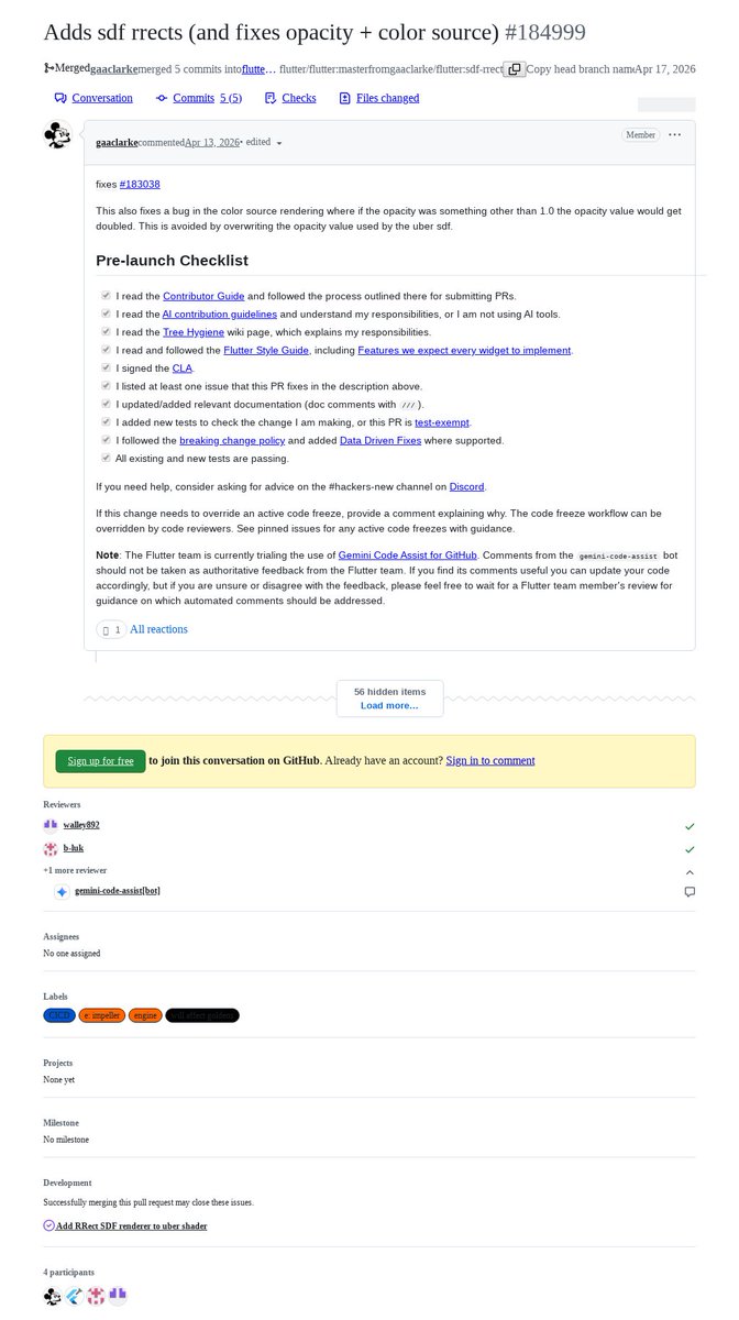 FlutterMerge's tweet image. "Adds sdf rrects (and fixes opacity + color source)" by gaaclarke was merged into #Flutter master github.com/flutter/flutte…