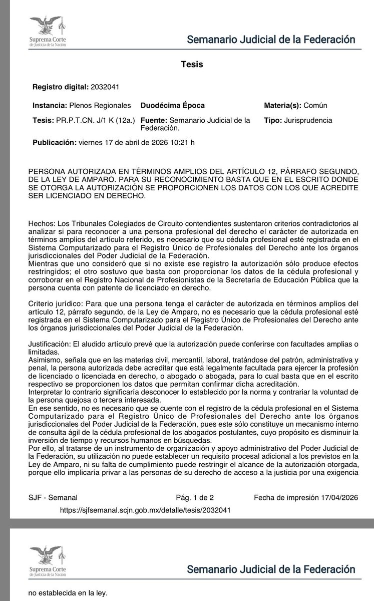 imnayibnava's tweet photo. Insisto, innecesario que las cédulas profesionales se deban registrar en los poderes judiciales, locales y federal, para poder estar autorizado con las facultades de un licenciado en derecho y más.

El registro de profesionistas es público, basta con poner el número de cédula o el nombre del profesionista.

Sobre ello, en el PJF también aplican la de “No se tiene por autorizado toda vez que su cédula profesional no está registrada en en el Registro del PJF”, pero ya salió el Pleno Regional Centro-Norte a decir:

Basta que la persona cuente con cédula profesional, no es necesario su registro ante el Sistema de PJF.

Igual siempre señálenlo, para que no les pongan trabas en los asuntos.
