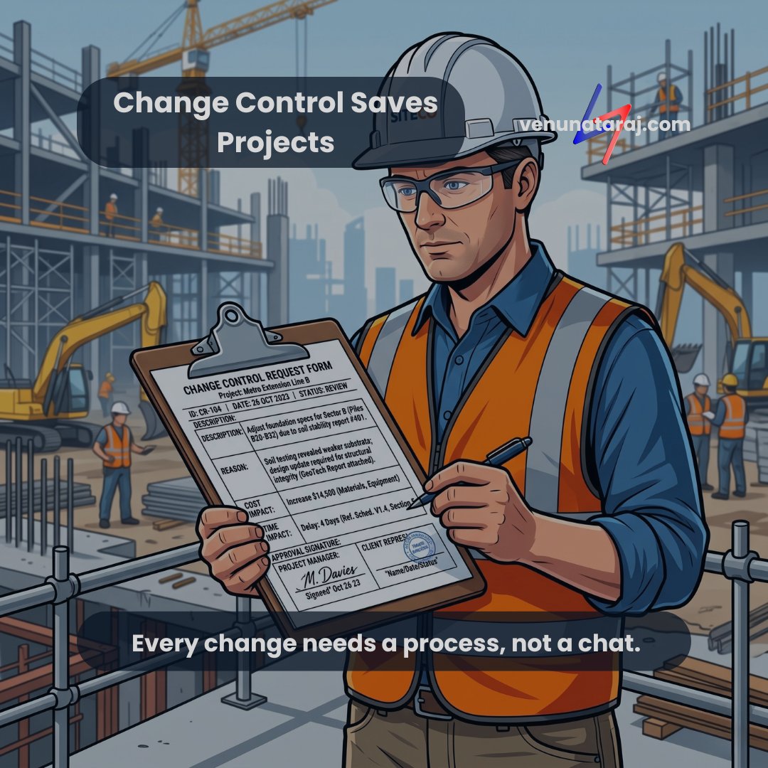 venunataraj's tweet photo. Uncontrolled change is a project killer ⚠️.

A simple change control process captures what changed, the cost and time impact, and who approved it ✅.

Protect your project.

#PMTheory #ChangeControl #ConstructionPM #ScopeManagement #ProjectControls https://t.co/7Aa4b2VdiC