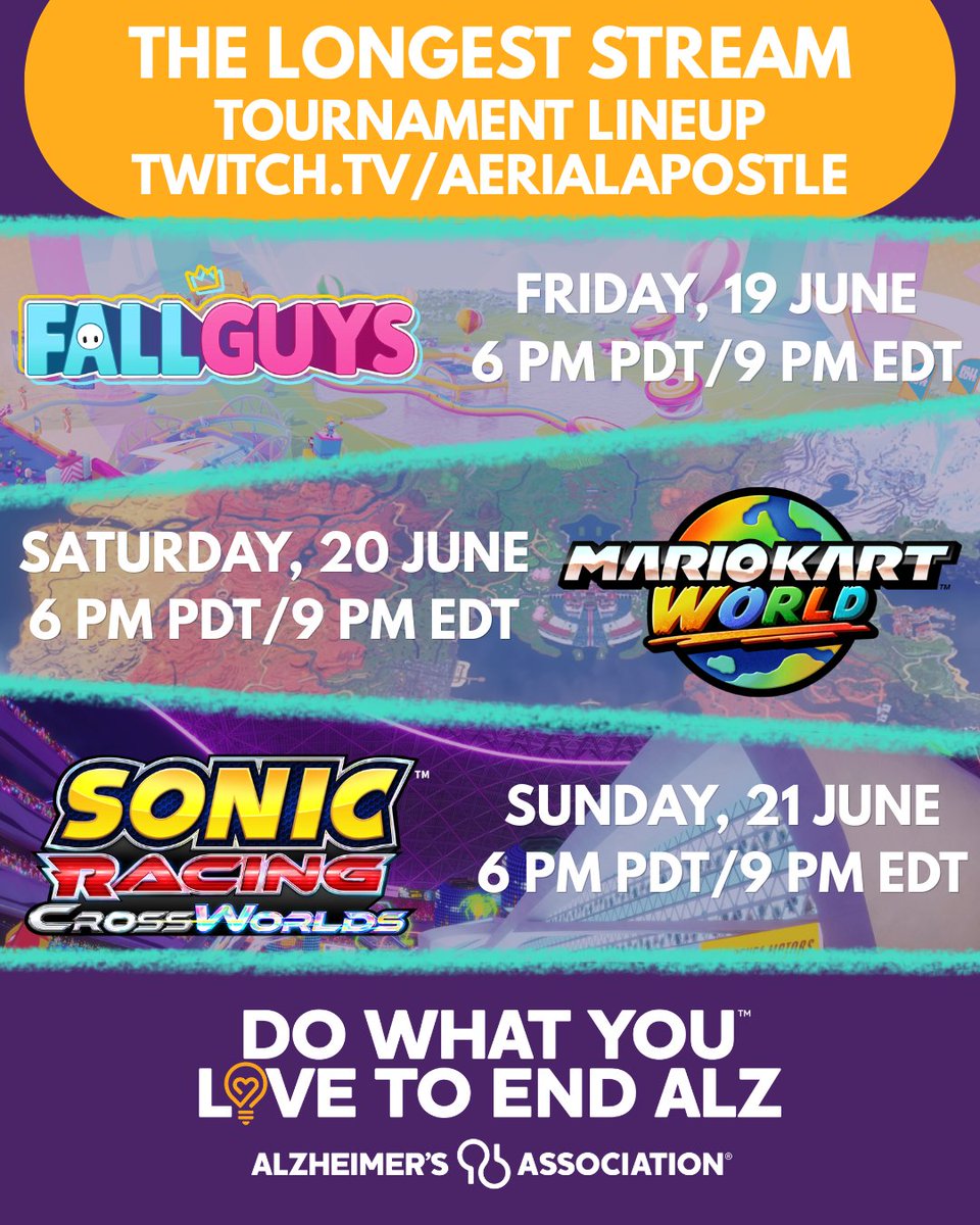 AerialApostle's tweet image. On June 19-21, I'll be hosting three different tournaments to cap off each day of the weekend streamathon as my @alzassociation #DoWhatYouLove event. Sign-up links are coming soon! However, today is #ENDALZ Day, which means you can donate to make a difference right now!