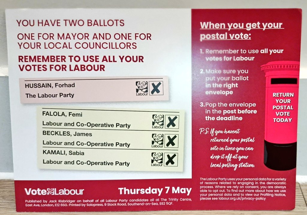 James_Beckles's tweet image. Good session in #Stratford reminding residents about their postal votes. Important to use all four of their votes for: 

Forhad Hussain for Mayor ❎ 
 Femi Falola for Councillor ❎
James Beckles for Councillor ❎
Sabia Kamali for Councillor  ❎

#Newham #Labour 🌹#Cooperative 🐝