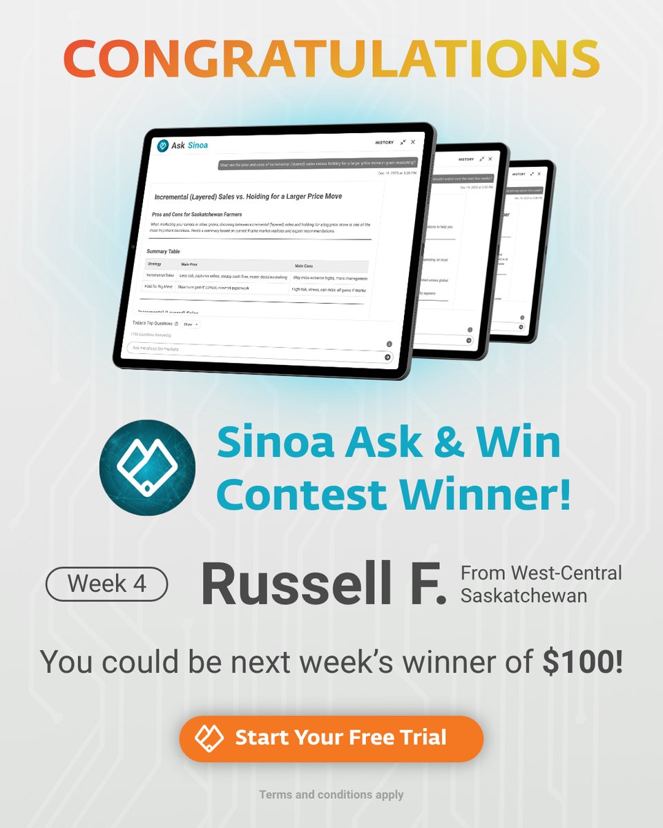 GrainFoxApp's tweet image. 🏆 We have another winner!

Congrats Russell F. from West-Central SK on your incredible #Sinoa steak &amp;amp; $100 win!

Next winner could be YOU, but don’t wait, the #contest is almost over!

Free Trial &amp;amp; 20 Sinoa questions included today - app.grainfox.marketing/register

#Giveaway #CashPrize