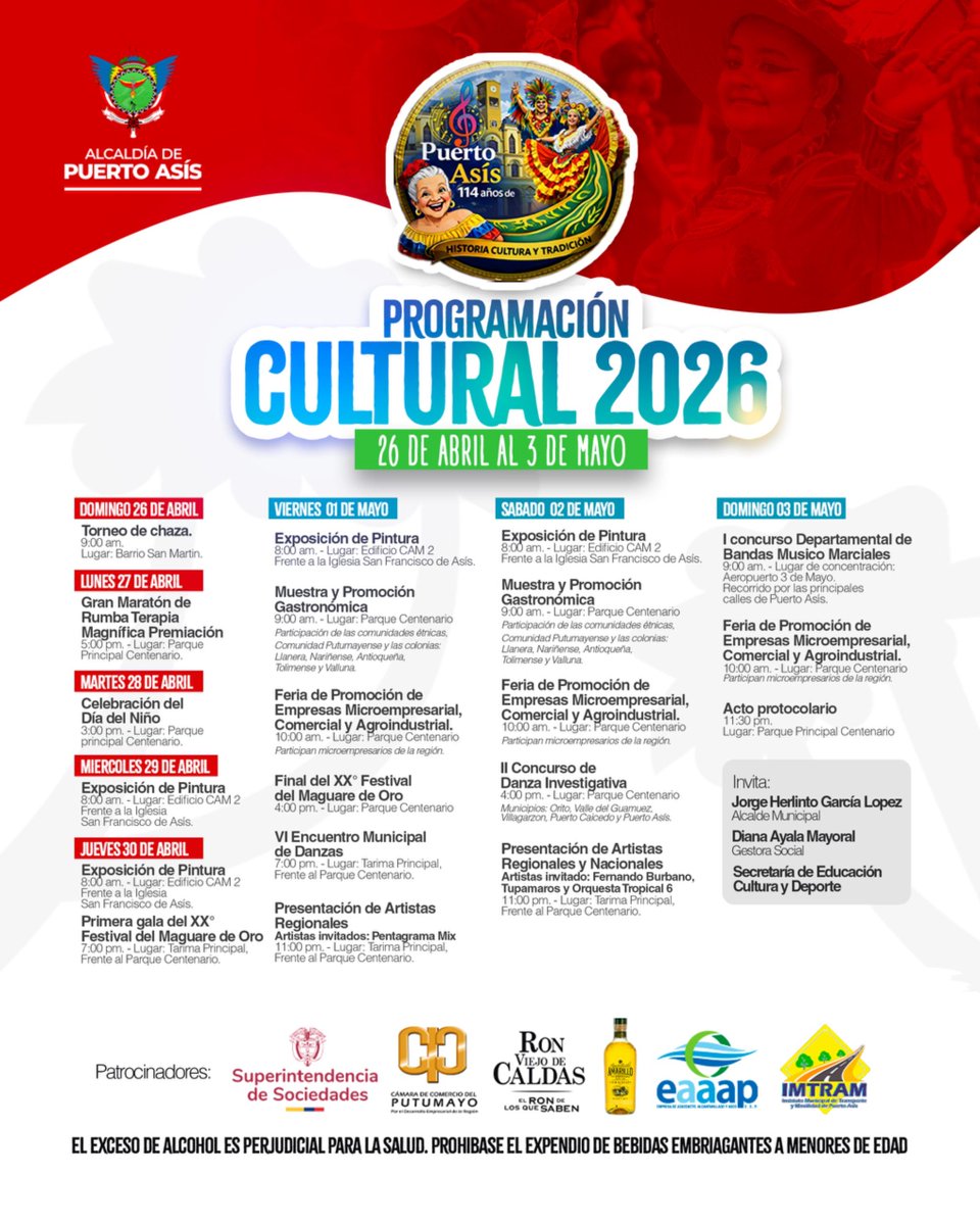 AlcaldiaAsis's tweet photo. la #AlcaldíaDePuertoAsís, bajo el liderazgo del doctor Jorge H. García L., alcalde municipal, y la doctora Diana A. Ayala M., presenta la #ProgramaciónCultural preparada para conmemorar los 114 años de la fundación de #PuertoAsís.
 https://t.co/sWgptWgpFD https://t.co/hETGHdRtyD