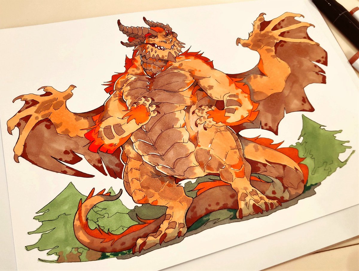 dimenran's tweet photo. This drawing is still one of my absolute favorites that I’ve done with markers.

I drew it for kuberush. I tried to depict her character (a fire giant) in the form of a dragon. It was an interesting experience.

By the way, her original character, Flams, is pretty amazing! https://t.co/MGW2a8eIKi