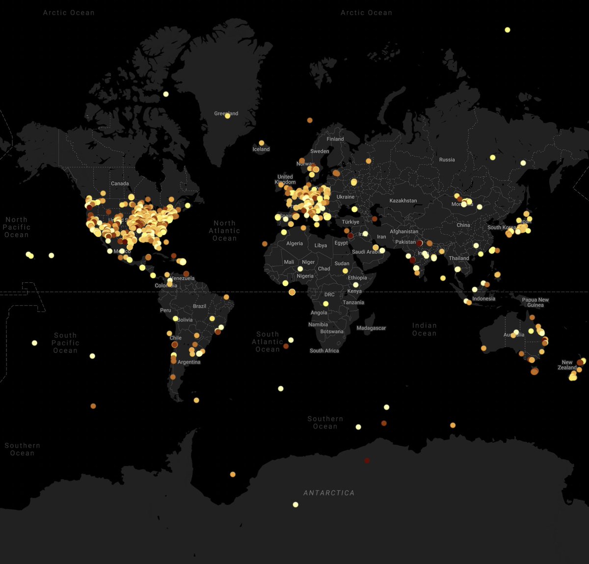 GLOBEatNight's tweet photo. Where do our Globe at Night data points come from?
Literally everywhere 🌍✨
Even Antarctica! ❄️

 Yes, this year we’ve received observations not only from Antarctica, but also from remote and far-reaching places like North Macedonia and Iceland… and we love seeing it! https://t.co/RsybnLNt7c