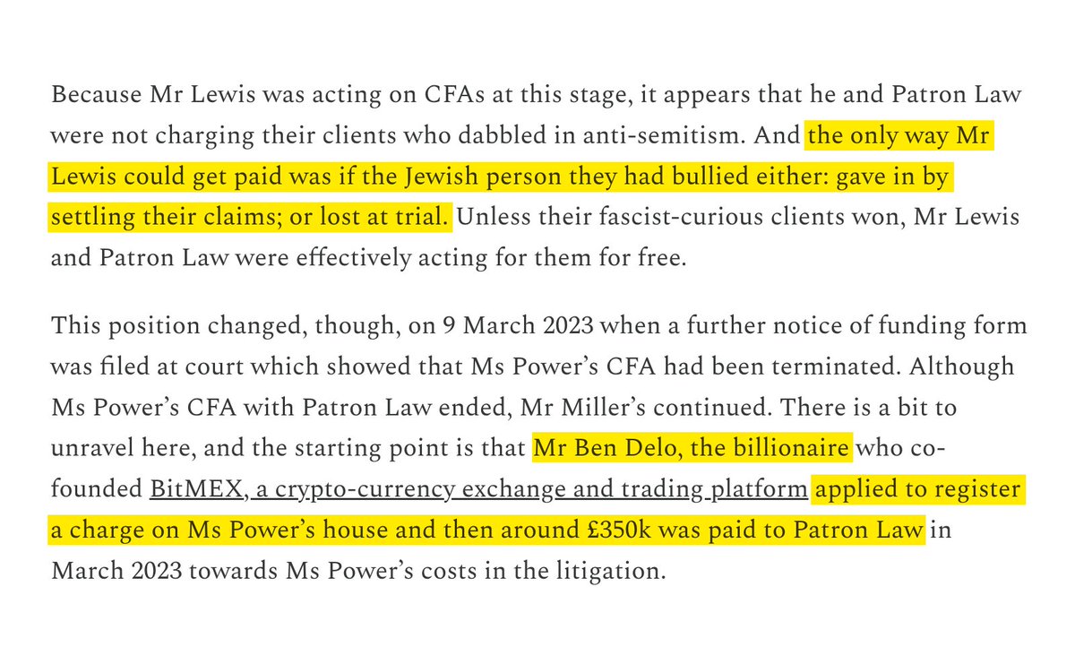 Luke_Turner's tweet photo. Timely analysis by @per_incuriam2 on the legal ramifications of crypto billionaire &amp; Reform donor Ben Delo's £350k funding of antisemitic "bullies" Nina Power &amp; Daniel Miller in the High Court, and a pattern of unlawful conduct by Patron Law's Mark Lewis:

https://t.co/BhaI0ouA5L https://t.co/zuie7pHH8R