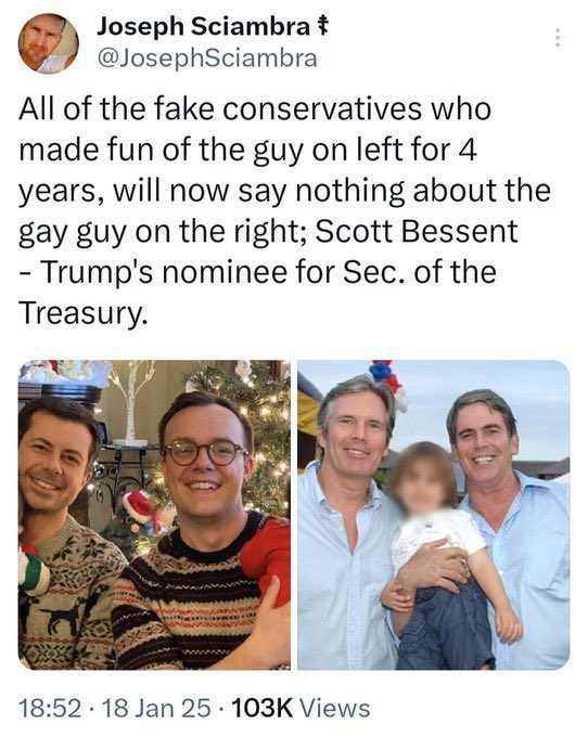 SandyEgoCali's tweet photo. when I became a conservative it wasn't based on politics because I was young and uninformed and didn't know diddly.

I became a conservative because of their moral positions: family, marriage, the welfare of children.

Since then it's been a major disappointment as the conservative movement has become infiltrated with amoral libertarians and the focus on basic morality as the core of the movement has eroded.

In the past few days it's been encouraging to see a steady stream of objections to homosexuals obtaining babies as props in their mockery of marriage in my feed, but my question is this: where have you been? 
Why are your objections only in response to Hollywood or leftist homosexuals doing this? 
Do you really think that the children condemned to live their entire childhood motherless and in a perverse home care or are even aware of the politics of the deviants who have obtained them?

Even though the objections that I'm seeing are very welcome and overdue, the hypocrisy spoils it.