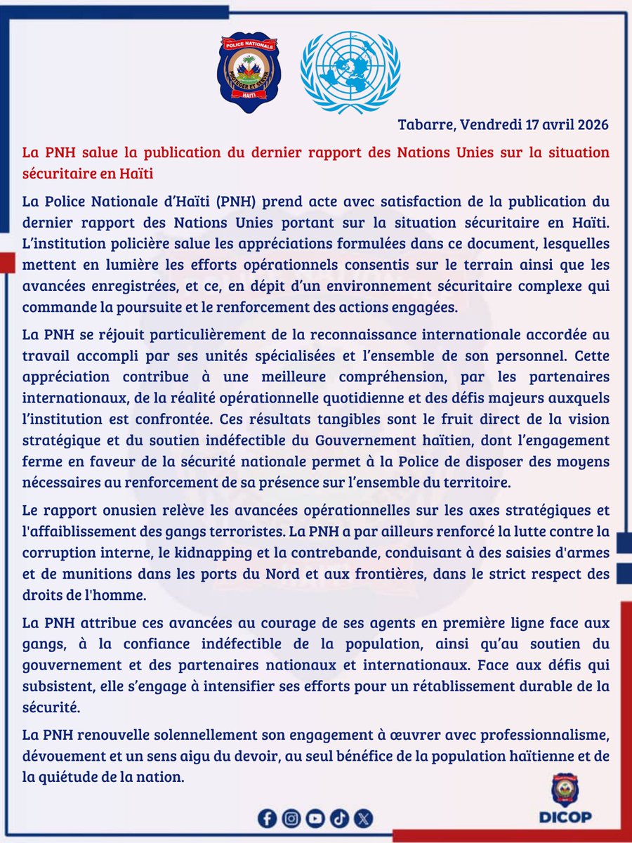 pnh_officiel's tweet image. La PNH salue la publication du dernier rapport des Nations Unies sur la situation sécuritaire en Haïti. Ce document reconnaît les efforts opérationnels de l'institution et les avancées réalisées malgré un environnement complexe.
#PNH #Haïti #Sécurité #ONU