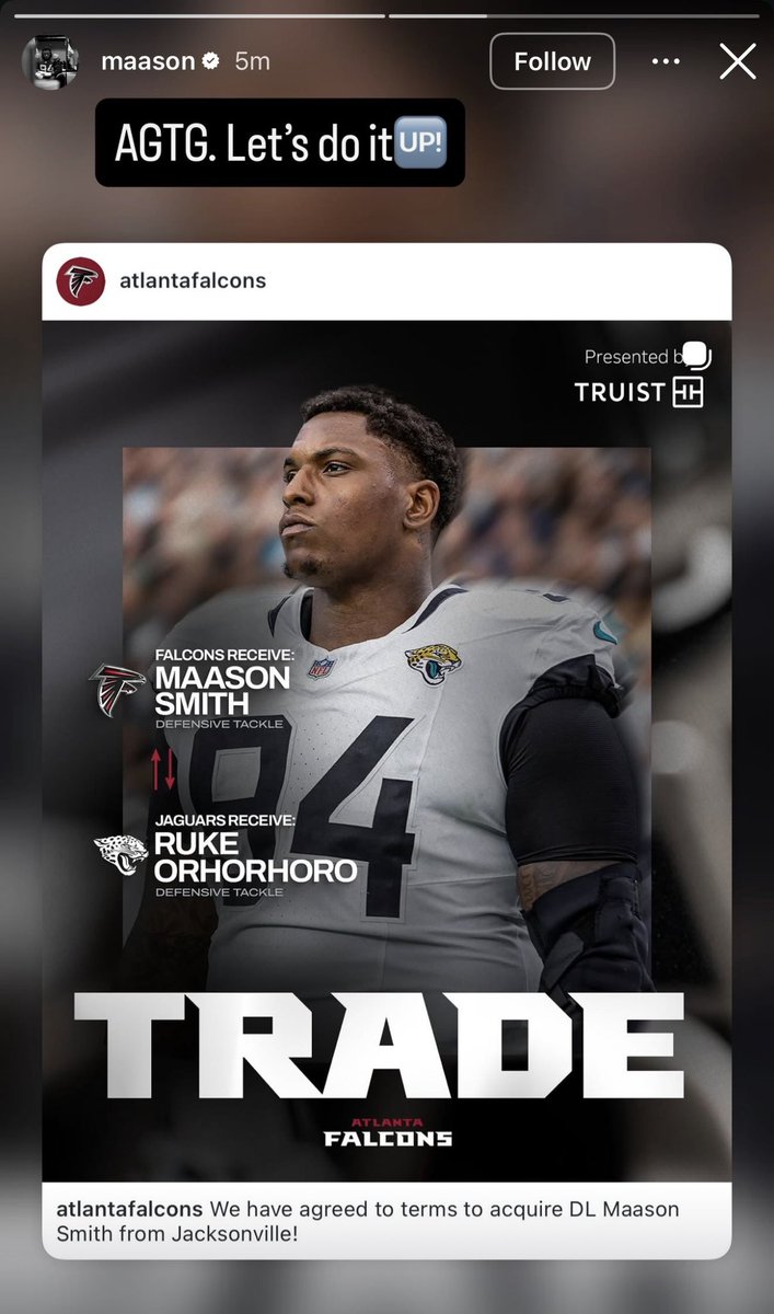 Maason Smith reacts to being traded to the Falcons: “AGTG. Let’s do it 🆙”