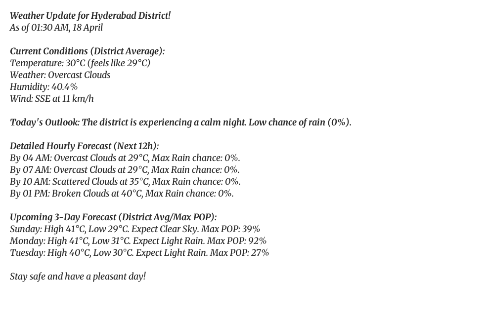 HyderbadWeather's tweet image. Good evening, Hyderabad! 👋
It's currently 30°C (feels like 29°C) with Overcast Clouds.
Tomorrow: Clear Sky, high of 41°C.
#weatherupdate #WeekendWeather #Cloudy #Hyderabad