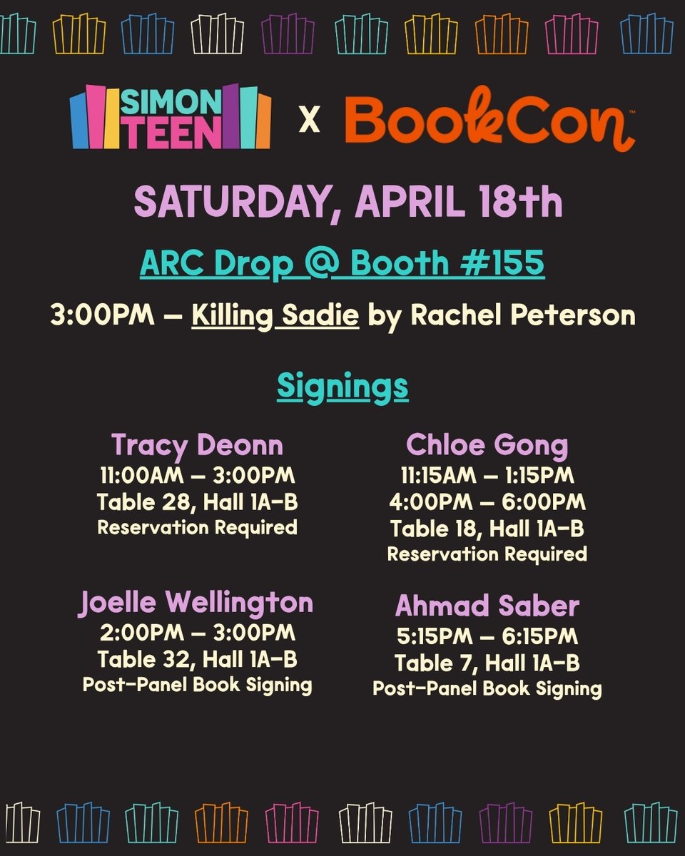 simonteen's tweet image. Who else is counting down the minutes to #BookCon tomorrow?! Here's where to find us! 📚🤩 #SimonTeen