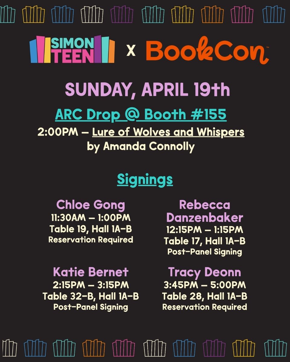 simonteen's tweet image. Who else is counting down the minutes to #BookCon tomorrow?! Here's where to find us! 📚🤩 #SimonTeen
